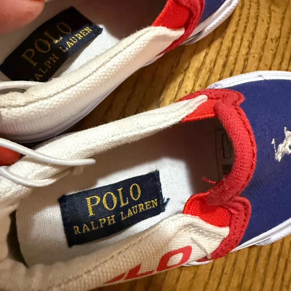 Polo by Ralph Lauren Toddlers Blue w/Red & White Slip-On Slater Sneakers  NWOT - Picture 4 of 6